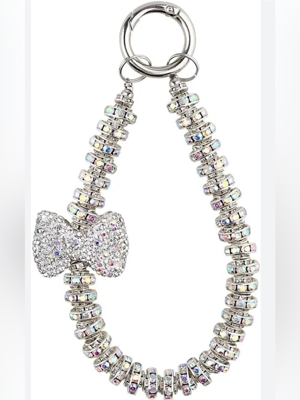 Rhinestone-covered, beaded phone wristlet lanyard w/bowknot pendant~Iridescent